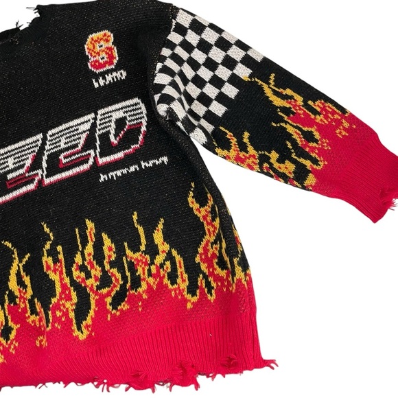 Bikercore Fire & Letter Speed Flame Pattern Drop Shoulder Sweater 2XL - Picture 9 of 15